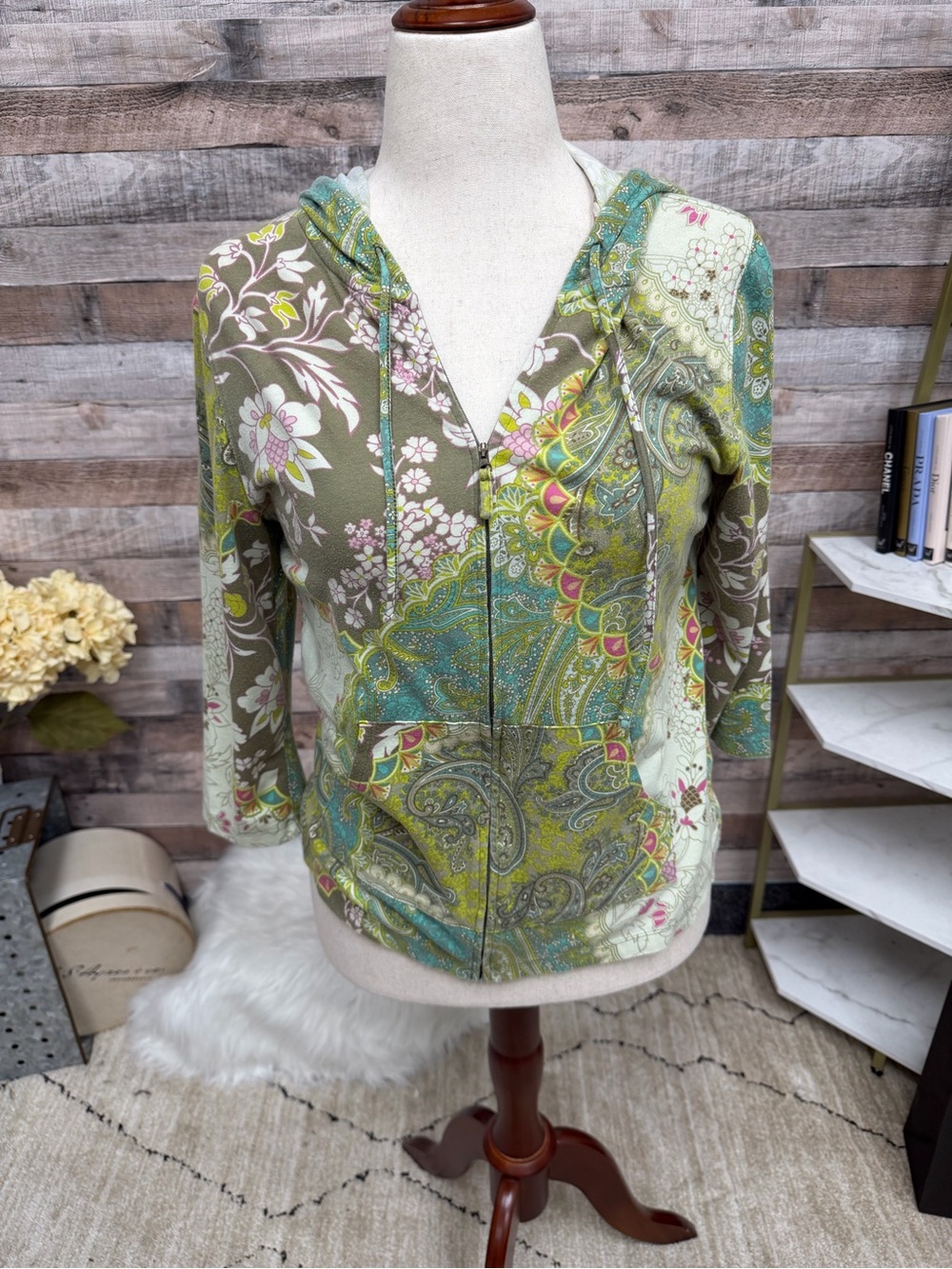 Caribbean Joe Paisley Floral Print Zip Up Hoodie L